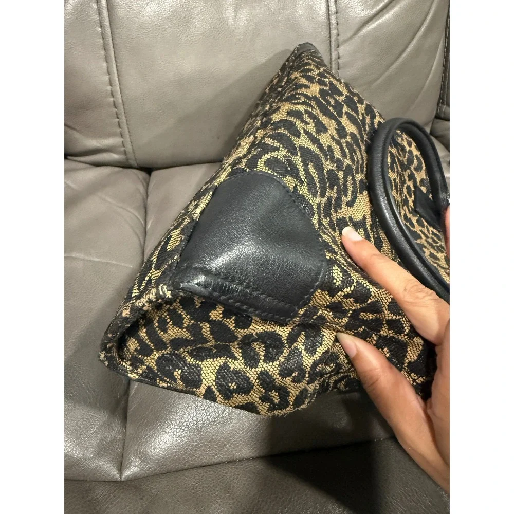 Tory Burch Ella Mini Tote Bag Leopard Print Jacquard Leather Black Tan Small